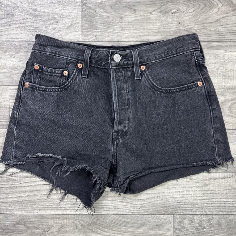 Women's Levi's 501 Denim Jean Shorts Button Fly Frayed Hem Black Wash sz 27